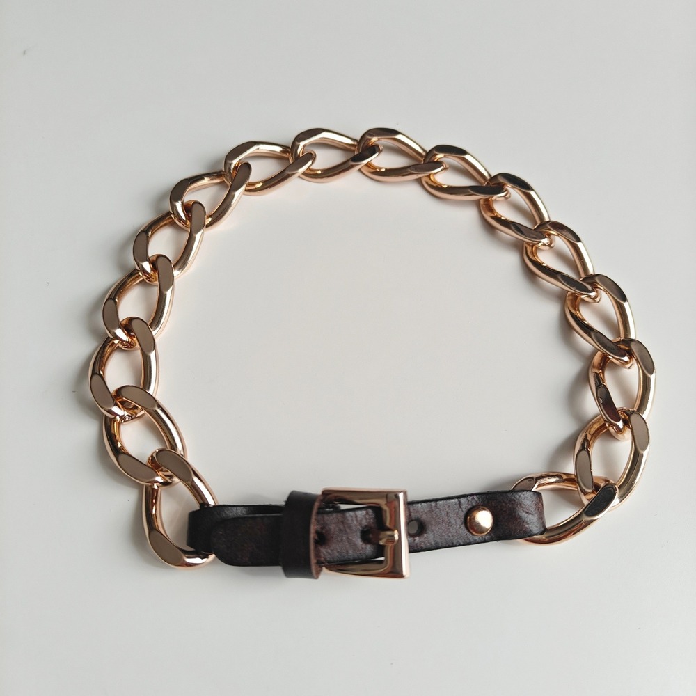Gold Tone Chunky Curb Chain Choker Necklace Collar Brown Leather Buckle Strap‎